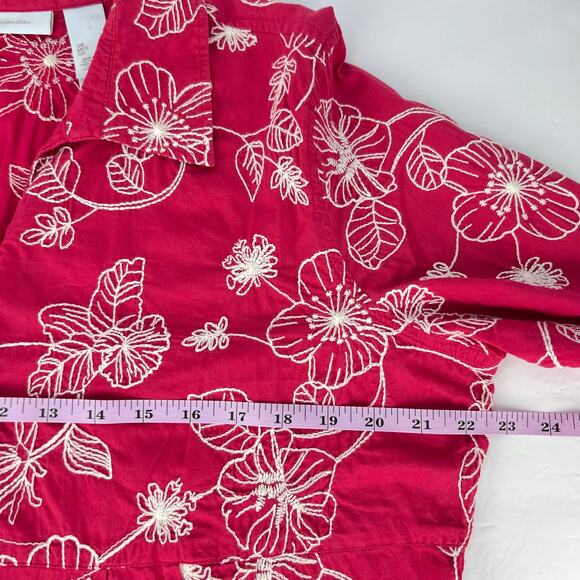 JH Collection XL Pink White Embroidered Floral Button Up Woman's Bell Slv Blouse - Picture 8 of 9